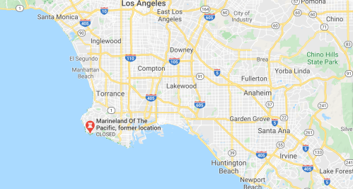 Map of Los Angeles area highlighting the closed location of Marineland of the Pacific.