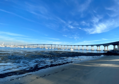A wide view of a bridge over calm water, with boats in the distance and a clear blue sky above.