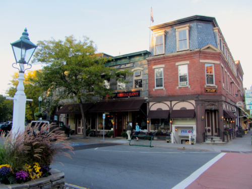 Historic brick buildings with a restaurant sign, street lamp, and colorful foliage in a quaint town setting.