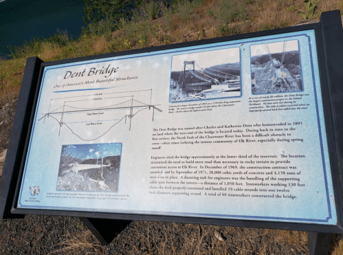Sign about Dent Bridge, detailing its history, construction, and significance, with illustrations of the bridge design.