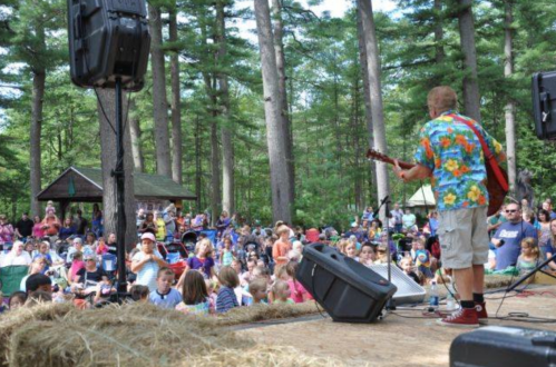 A musician in a colorful shirt performs on stage for a large crowd in a wooded area.