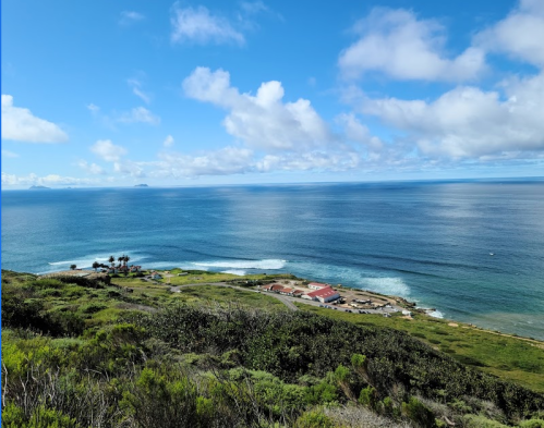 A scenic coastal view with rolling waves, green hills, and a distant island under a blue sky with fluffy clouds.