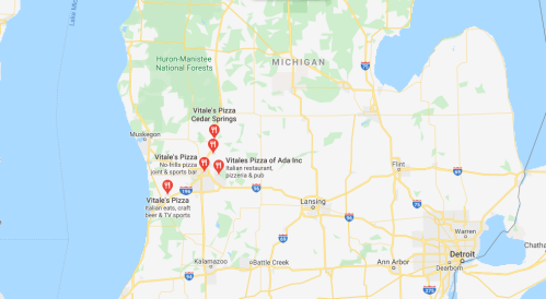 Map showing locations of Vitales Pizza in Michigan, including Cedar Springs and Ada.