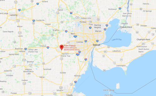 Map showing the location of Palm Palace, a Mediterranean dining restaurant near Detroit, Michigan.