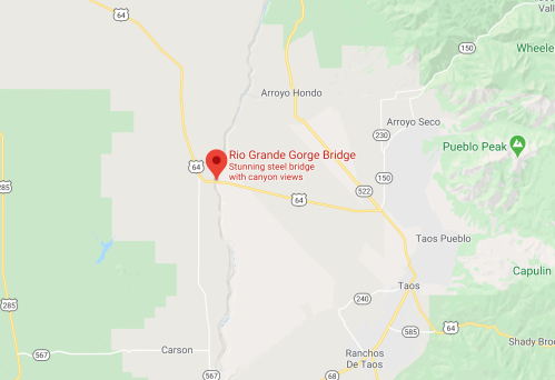 Map showing the location of the Rio Grande Gorge Bridge, highlighting its stunning canyon views.