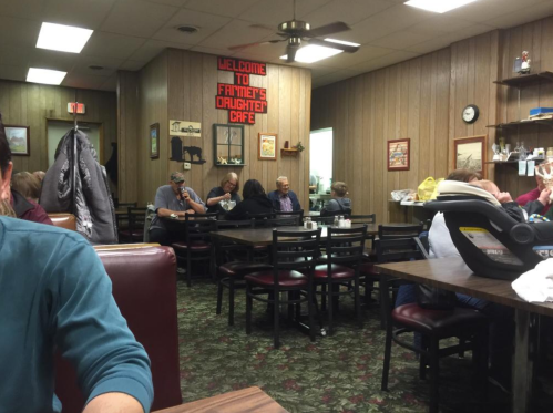 A cozy diner interior with wooden walls, tables, and patrons enjoying meals. A sign reads "Welcome to Fatima's Daughters Cafe."