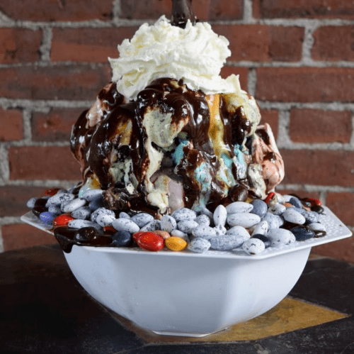 A large ice cream sundae topped with whipped cream and chocolate sauce, surrounded by colorful candy-coated chocolates.