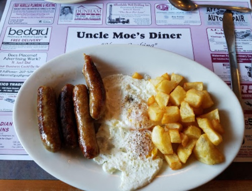 A plate of breakfast featuring sausages, two fried eggs, and diced potatoes on a diner menu background.
