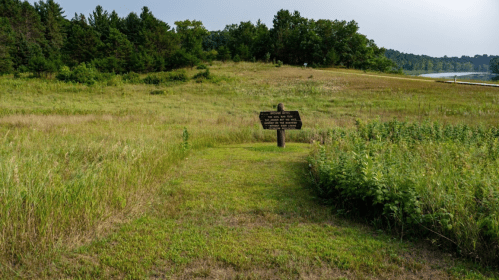 A grassy path leads to a sign in a serene landscape with trees and a body of water in the background.