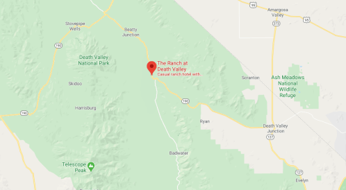 Map showing the location of The Ranch at Death Valley, near Death Valley National Park and surrounding areas.