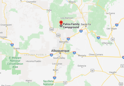 Map showing the location of Paliza Family Campground near Santa Fe, New Mexico, with nearby cities and landmarks.