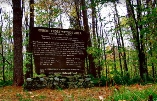 A stone plaque in a forest, honoring Robert Frost, with text about the Wayside Area and its dedication.