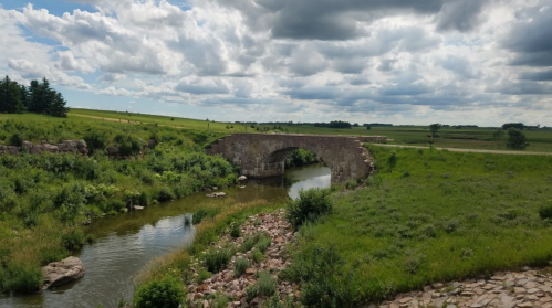 A stone arch bridge over a calm river, surrounded by lush green fields and a cloudy sky.