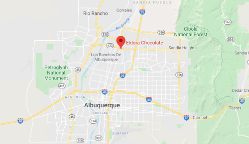 Map showing Albuquerque, New Mexico, with a marker for Eldora Chocolate. Nearby landmarks include Rio Rancho and Sandia Heights.