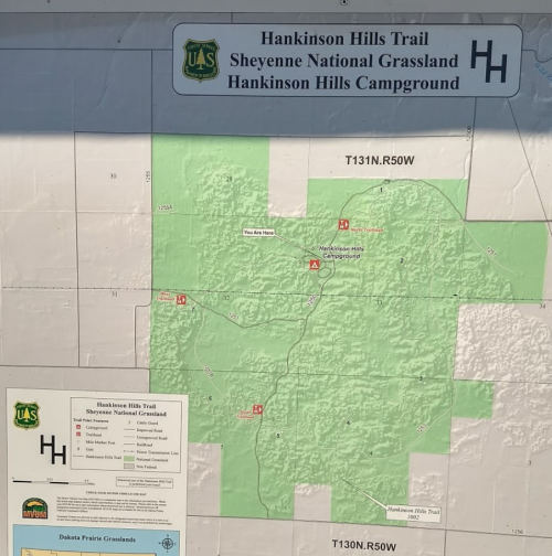 Map of Hankinson Hills Trail in Sheyenne National Grassland, highlighting trails and campgrounds.