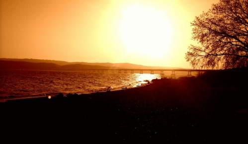 Sunset over a calm river, with a bridge in the distance and silhouettes of trees along the shore.