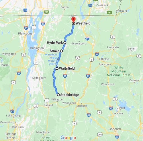 Map showing a route from Stockbridge to Westfield, passing through Waitsfield, Hyde Park, and Stowe in Vermont.