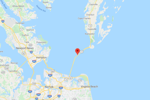 Map showing a coastal area near Virginia Beach, with a red marker indicating a specific location.