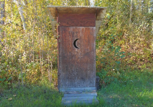 A rustic wooden outhouse with a crescent moon cutout, surrounded by trees and greenery.