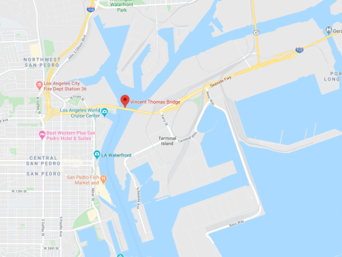 Map showing the Vincent Thomas Bridge and surrounding areas, including Terminal Island and nearby waterfront locations.