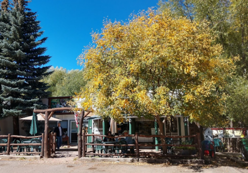 A cozy café surrounded by autumn trees and a clear blue sky, with outdoor seating and a rustic wooden fence.