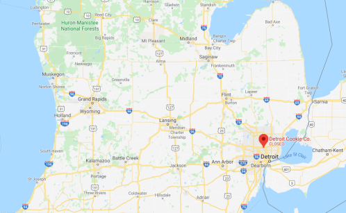 Map of Michigan highlighting Detroit, with a marker indicating the location of the closed Detroit Cookie Co.