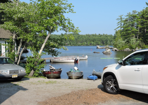 A serene lakeside scene with parked cars, small boats, and lush greenery under a clear blue sky.