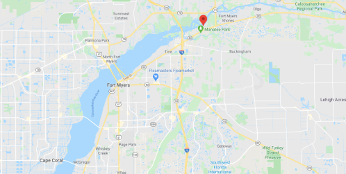 Map showing Fort Myers, Florida, with a red marker indicating the location of Manatee Park.
