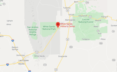 Map showing the location of White Sands National Park and Visitor Center in New Mexico, near surrounding landmarks.