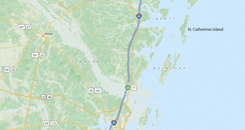 Map showing I-95 route near St. Catherines Island, with surrounding areas of Liberty and McIntosh counties.