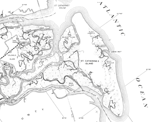 Map of St. Catherine's Island and surrounding waterways, showing topography and coastal features.