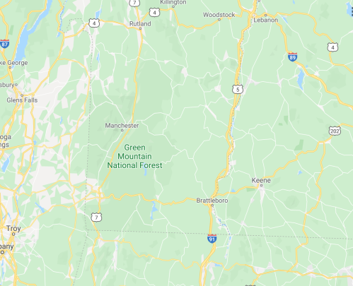 Map showing the Green Mountain National Forest area in Vermont, with surrounding towns and highways.