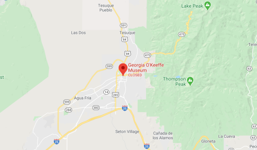 Map showing the location of the Georgia O'Keeffe Museum, marked as "CLOSED," near Tesuque, New Mexico.