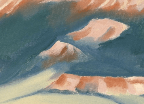 Abstract painting featuring soft, blended colors of blue, pink, and cream, suggesting a mountainous landscape.