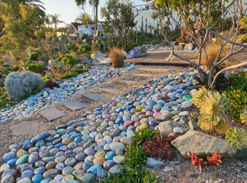 A colorful stone pathway winds through a lush garden filled with various plants and succulents.