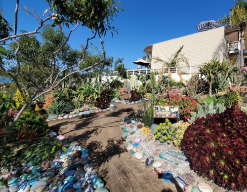 A vibrant garden path lined with colorful stones, surrounded by lush plants and flowers under a clear blue sky.