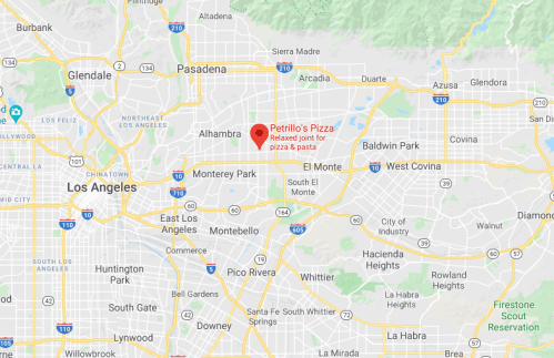 Map showing the location of Petrillo's Pizza in Alhambra, near Pasadena, Los Angeles, California.