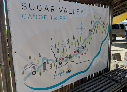 Map of Sugar Valley Canoe Trips, showing routes, landmarks, and points of interest along the river.