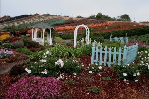 A colorful garden with flowers, a white gazebo, and a picket fence, set against a hillside of vibrant plants.