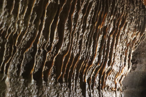 Textured cave wall with wavy, layered formations and subtle lighting, showcasing natural geological patterns.