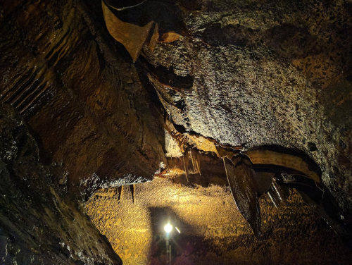 A dimly lit cave ceiling with textured rock formations and a small light illuminating the scene.