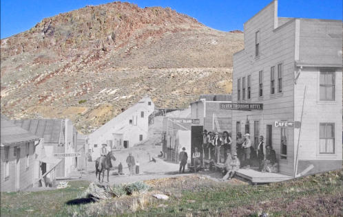 A historic ghost town scene with old buildings, people, and a mountain backdrop, blending past and present.