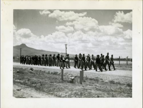 A group of soldiers marching along a dirt road under a cloudy sky, with mountains in the background.