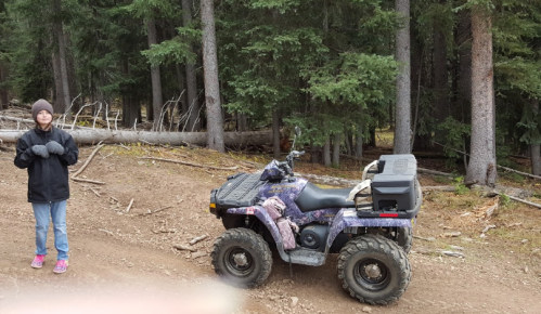 A child stands beside a camouflaged ATV in a forested area with trees and fallen logs in the background.
