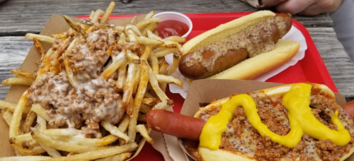 A tray with chili cheese fries topped with meat, a hot dog with mustard, and a plain hot dog, served with ketchup.