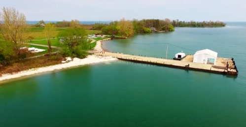 Aerial view of a serene lake with a sandy shore, a pier, and lush greenery in the background.