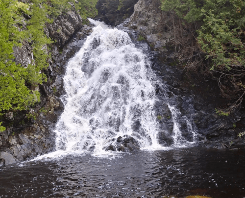 A cascading waterfall flows over rocky terrain, surrounded by lush green foliage.