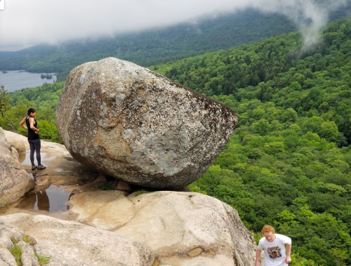 A large boulder precariously balanced on a rocky ledge, with two people exploring the scenic green landscape below.