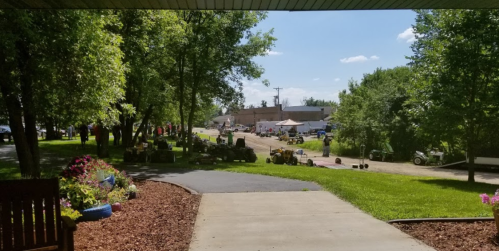 A sunny outdoor market scene with vendors, greenery, and a pathway leading to stalls in the background.