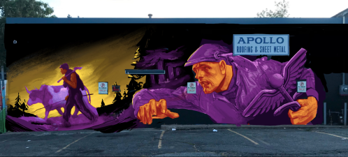 A vibrant mural featuring a figure with wings reaching out, alongside a silhouette of a person with a cow against a colorful background.